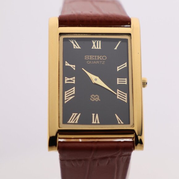 Seiko Slim Vintage Quartz Men's  Wrist Watch Black Dial with new Camel Strap - Picture 5 of 7